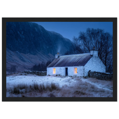 Lit croft against a dark mountain at dusk, framed in black