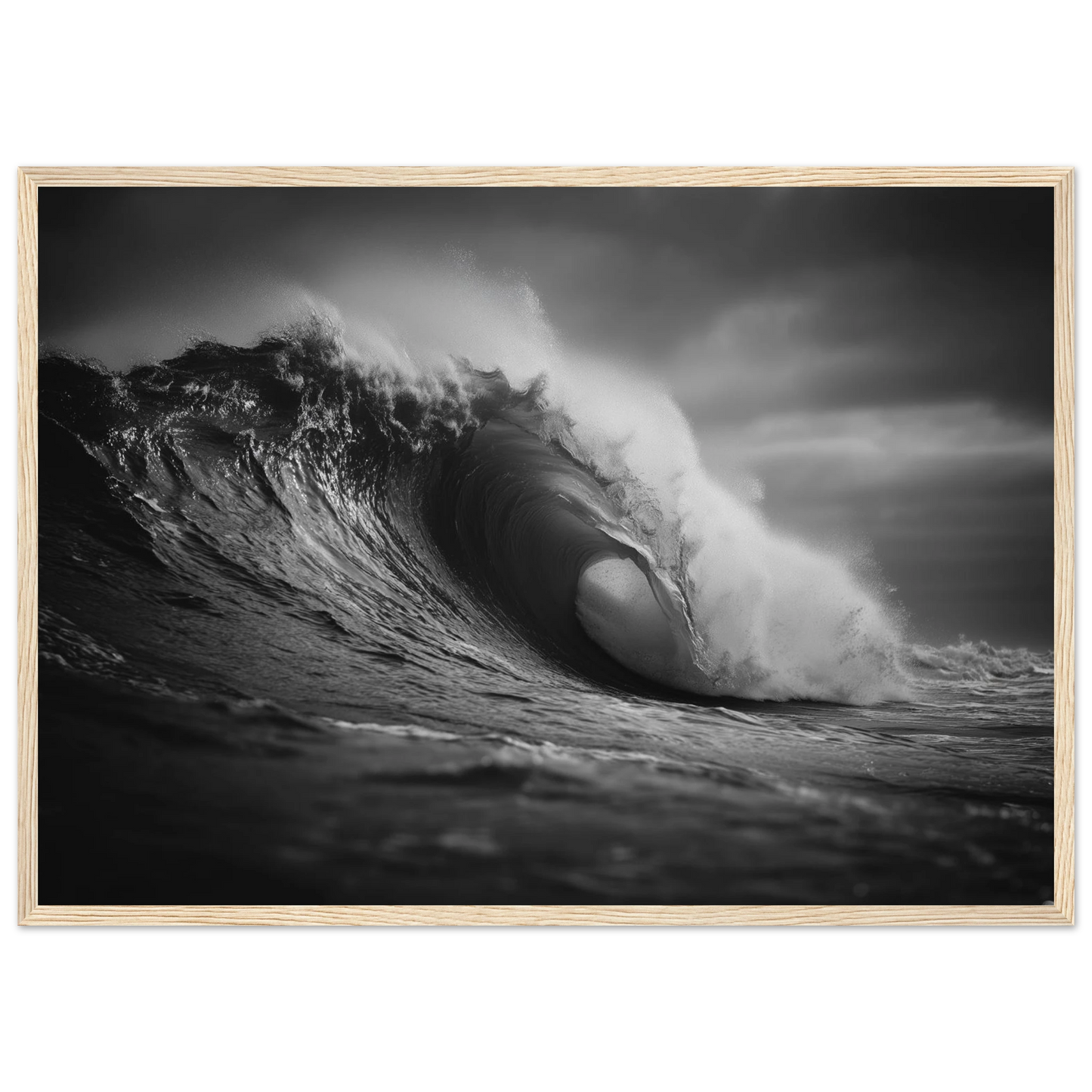 Curling wave in black and white, framed in light oak