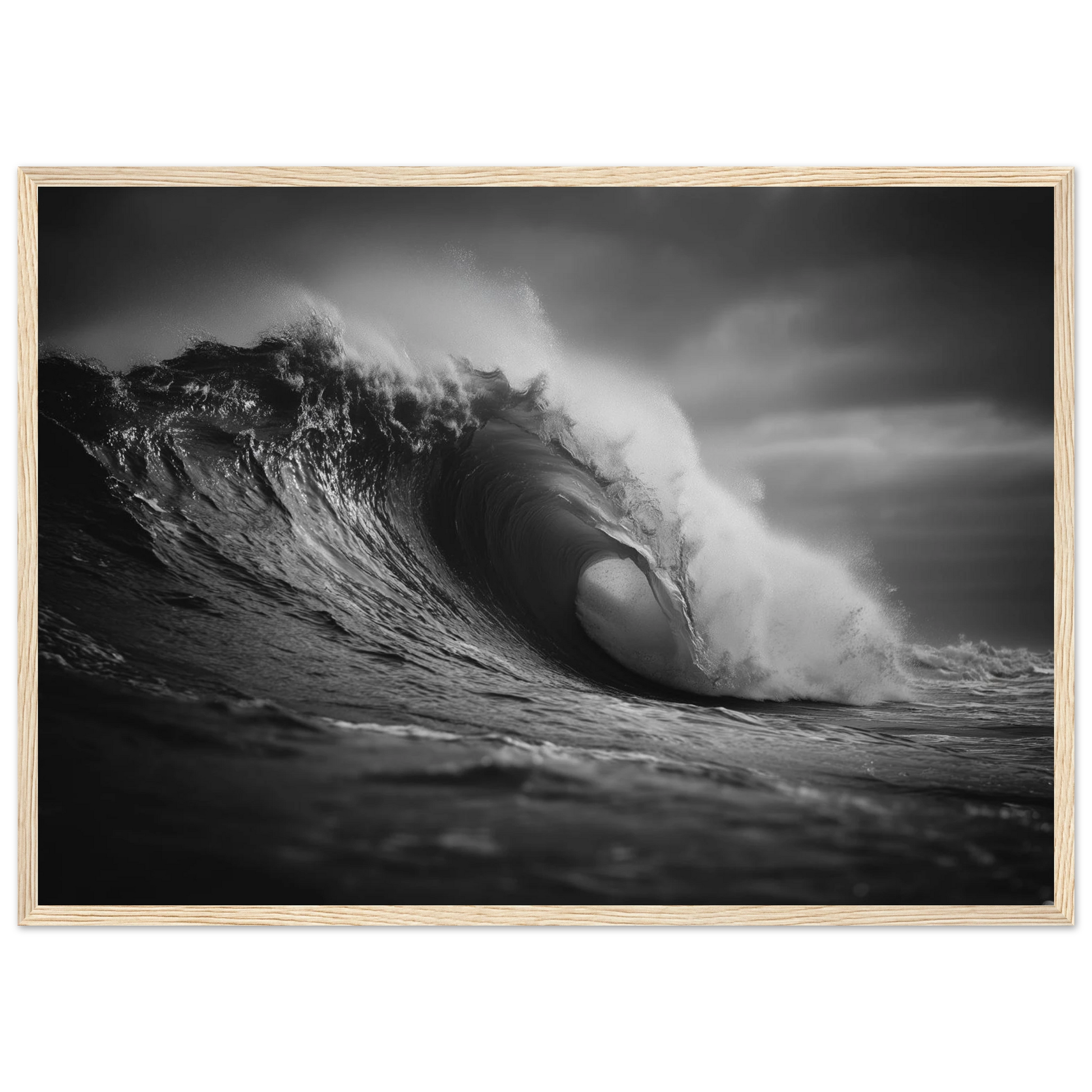 Curling wave in black and white, framed in light oak