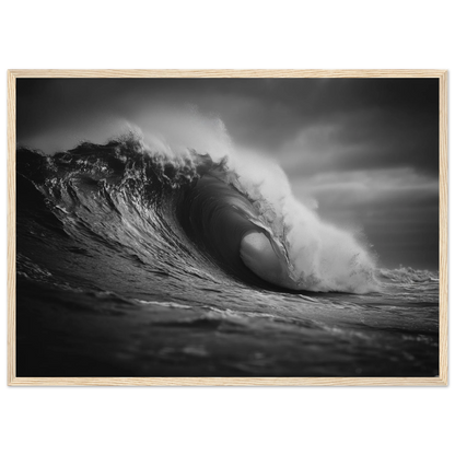 Curling wave in black and white, framed in light oak