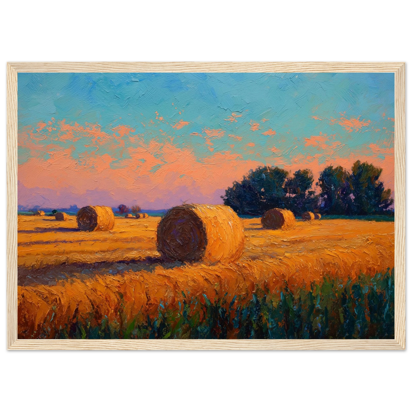 Golden stubble field with bales under a peach sky, framed in light oak