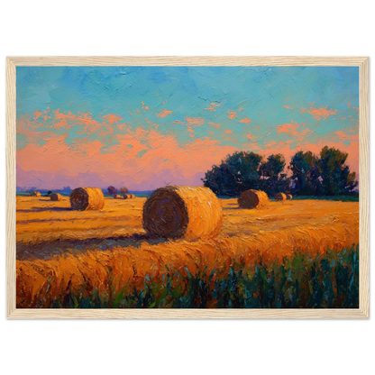 Golden stubble field with bales under a peach sky, framed in light oak
