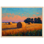 Golden stubble field with bales under a peach sky, framed in light oak