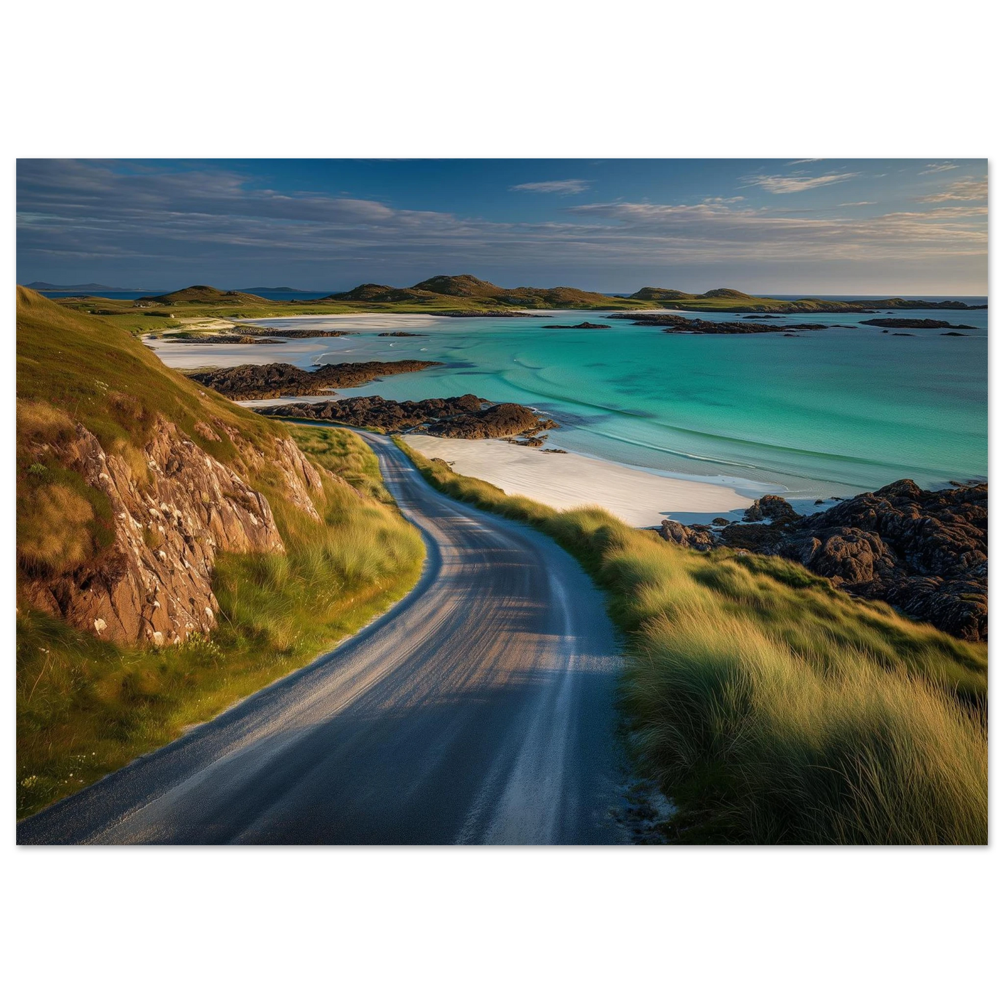 Empty single-track road above a Hebridean beach, print in a dark frame