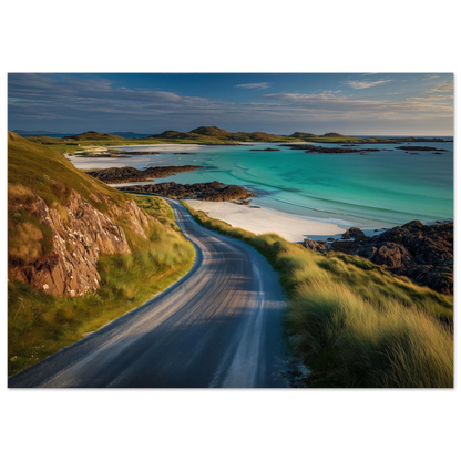 Empty single-track road above a Hebridean beach, print in a dark frame