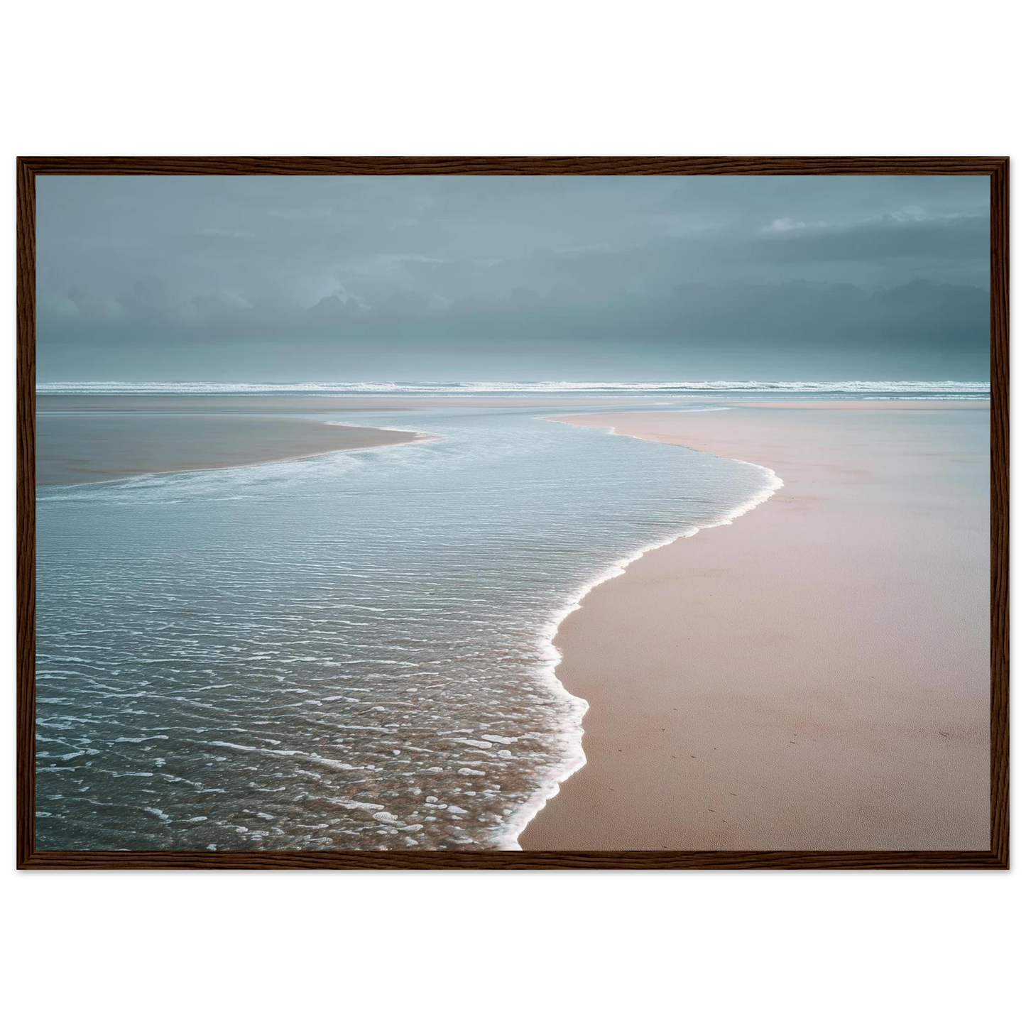 Calm tide line on an empty beach in soft blue and pink, framed in dark brown wood