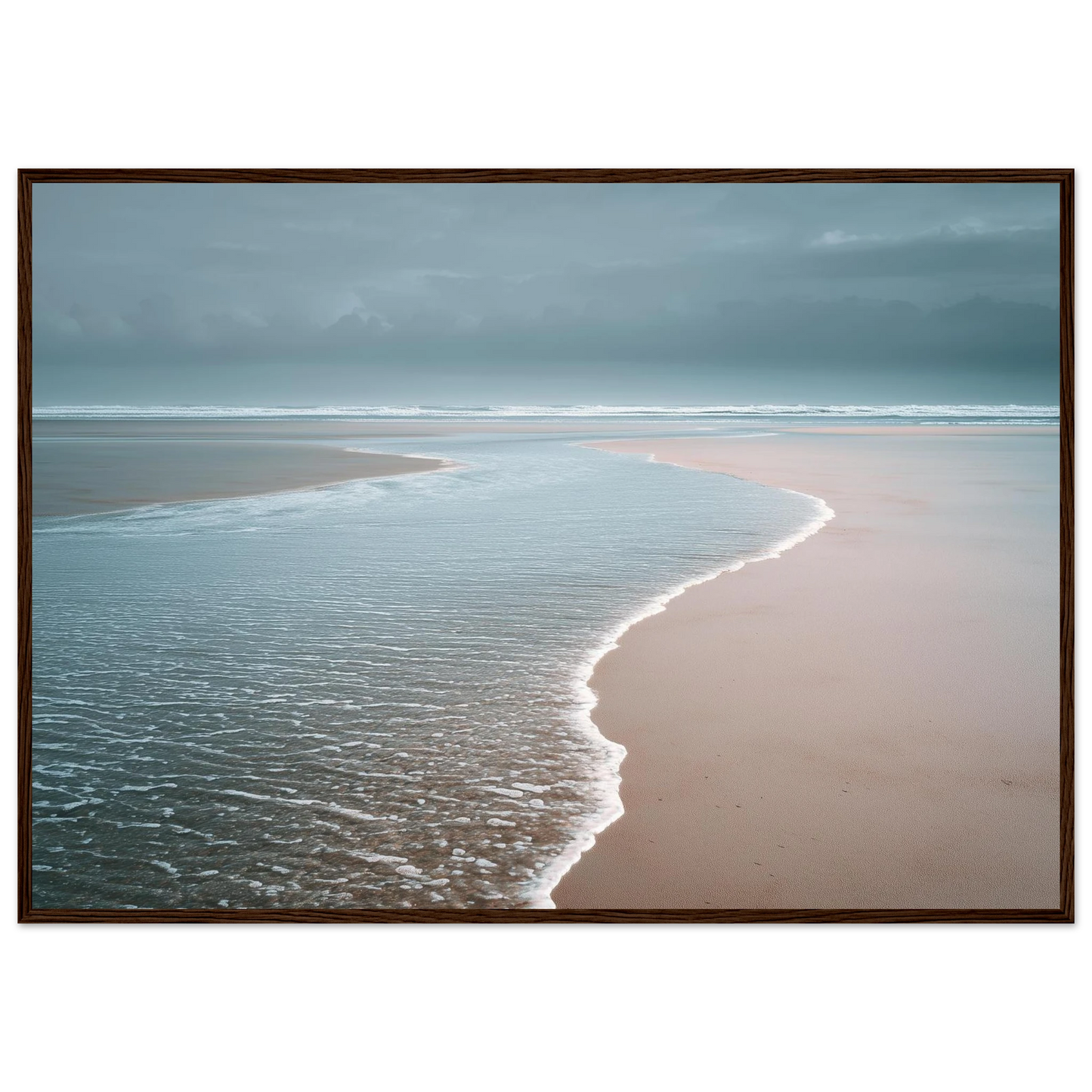 Empty beach at the tide line in soft neutral tones, framed in warm dark wood