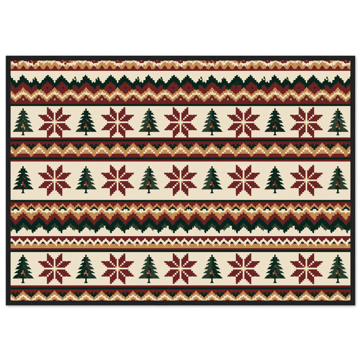 Fair Isle knitting pattern in oxblood, pine and ochre, print in a black frame