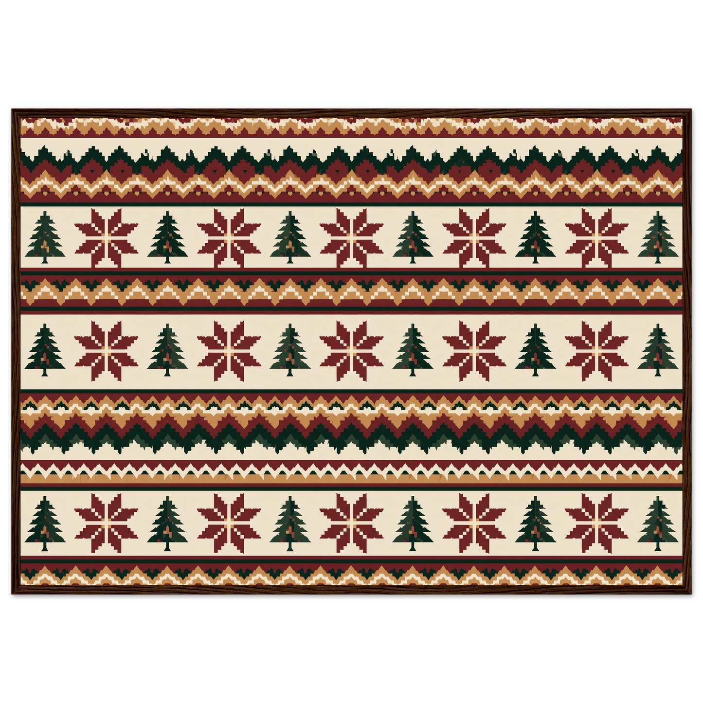 Fair Isle knitting pattern in oxblood, pine and ochre, print in a dark wood frame