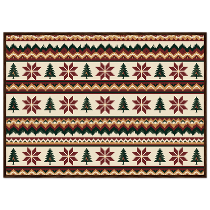 Fair Isle knitting pattern in oxblood, pine and ochre, print in a dark wood frame