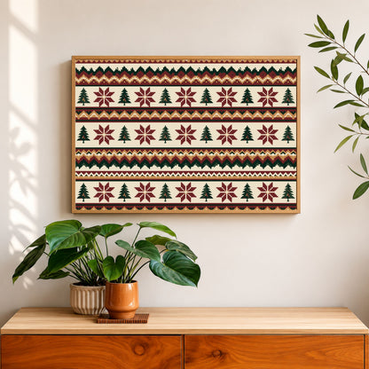 Fair Isle knitting pattern, in a light wood frame on a white wall above a wooden sideboard with trailing plants