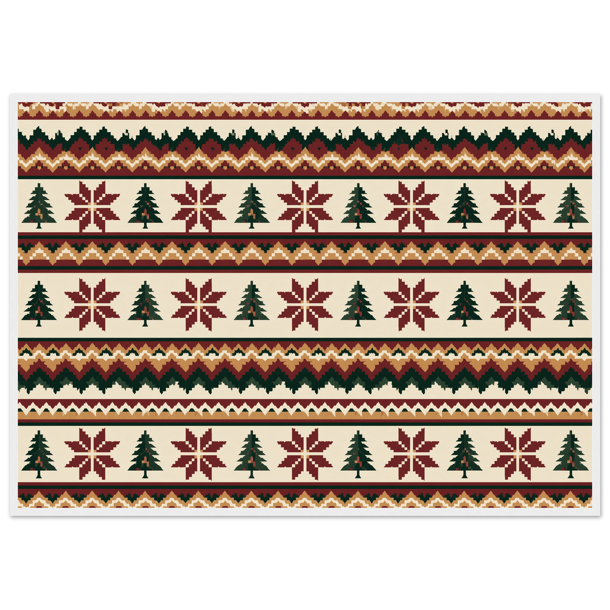 Fair Isle knitting pattern in oxblood, pine and ochre, print in a white frame