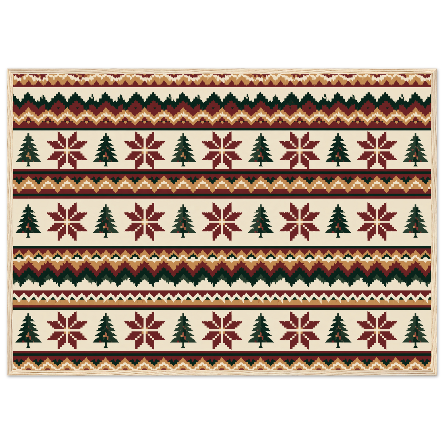 Fair Isle knitting pattern in oxblood, pine and ochre, print in a natural wood frame
