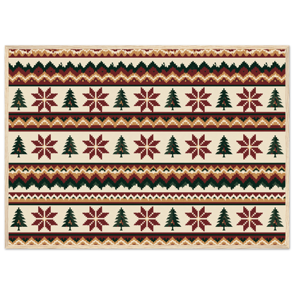 Fair Isle knitting pattern in oxblood, pine and ochre, print in a natural wood frame