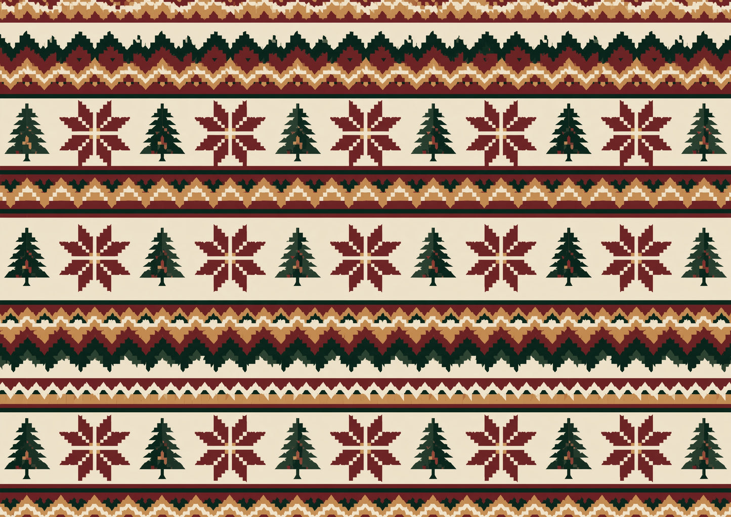 A repeating Fair Isle knitting pattern of eight-point stars, small conifers and zigzag bands in oxblood, deep pine and ochre on undyed cream