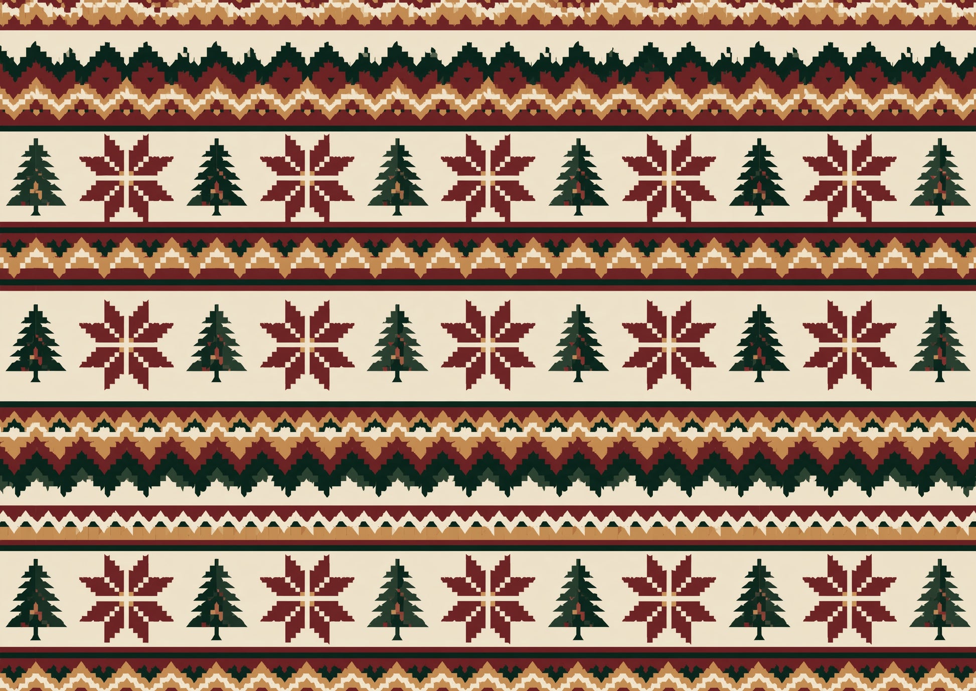 A repeating Fair Isle knitting pattern of eight-point stars, small conifers and zigzag bands in oxblood, deep pine and ochre on undyed cream