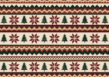 A repeating Fair Isle knitting pattern of eight-point stars, small conifers and zigzag bands in oxblood, deep pine and ochre on undyed cream