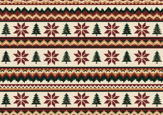 A repeating Fair Isle knitting pattern of eight-point stars, small conifers and zigzag bands in oxblood, deep pine and ochre on undyed cream