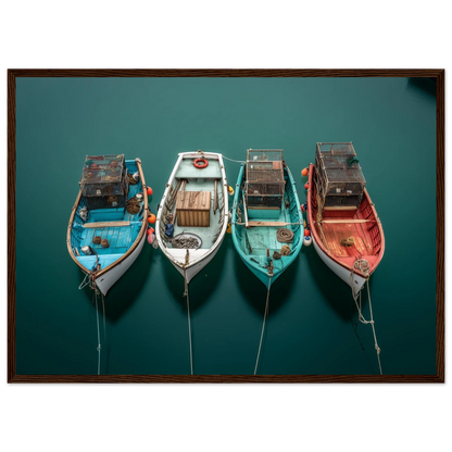 Four moored boats from above with coloured hulls, framed in dark brown wood