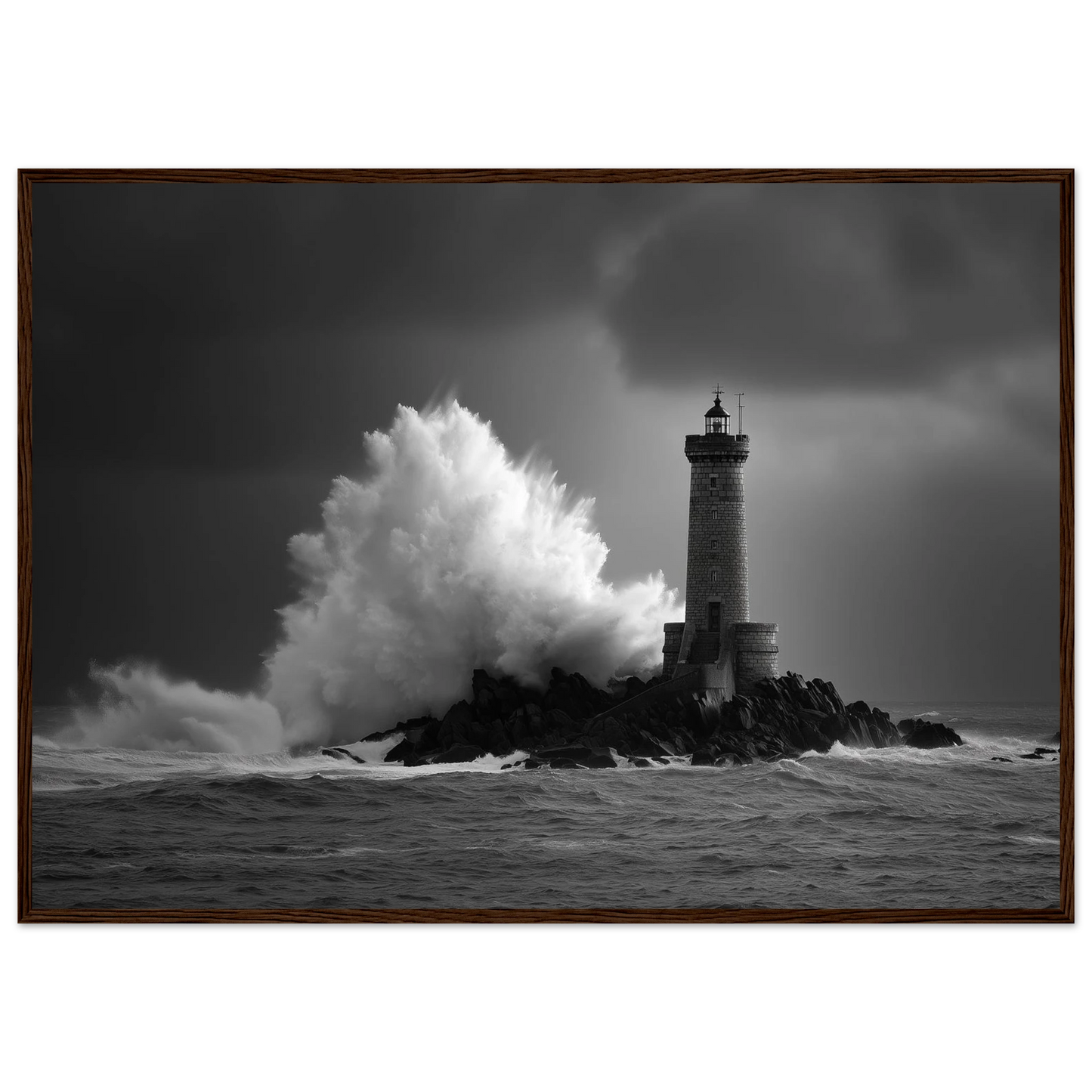 Wave breaking over a lighthouse reef, framed in dark brown wood