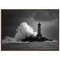 Wave breaking over a lighthouse reef, framed in dark brown wood