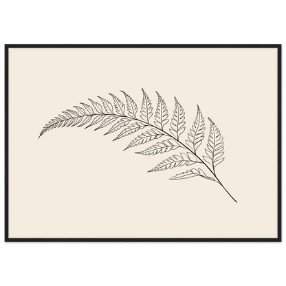 Fern frond line drawing on warm cream, print in a black frame