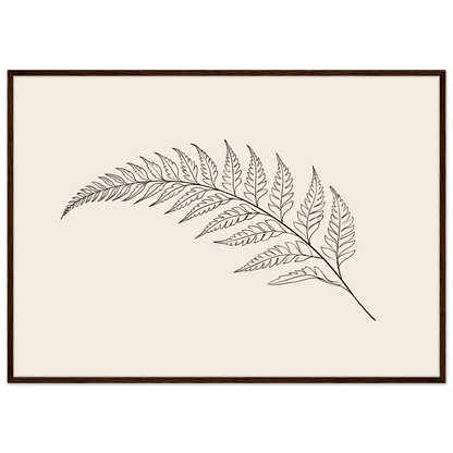 Fern frond line drawing on warm cream, print in a dark wood frame