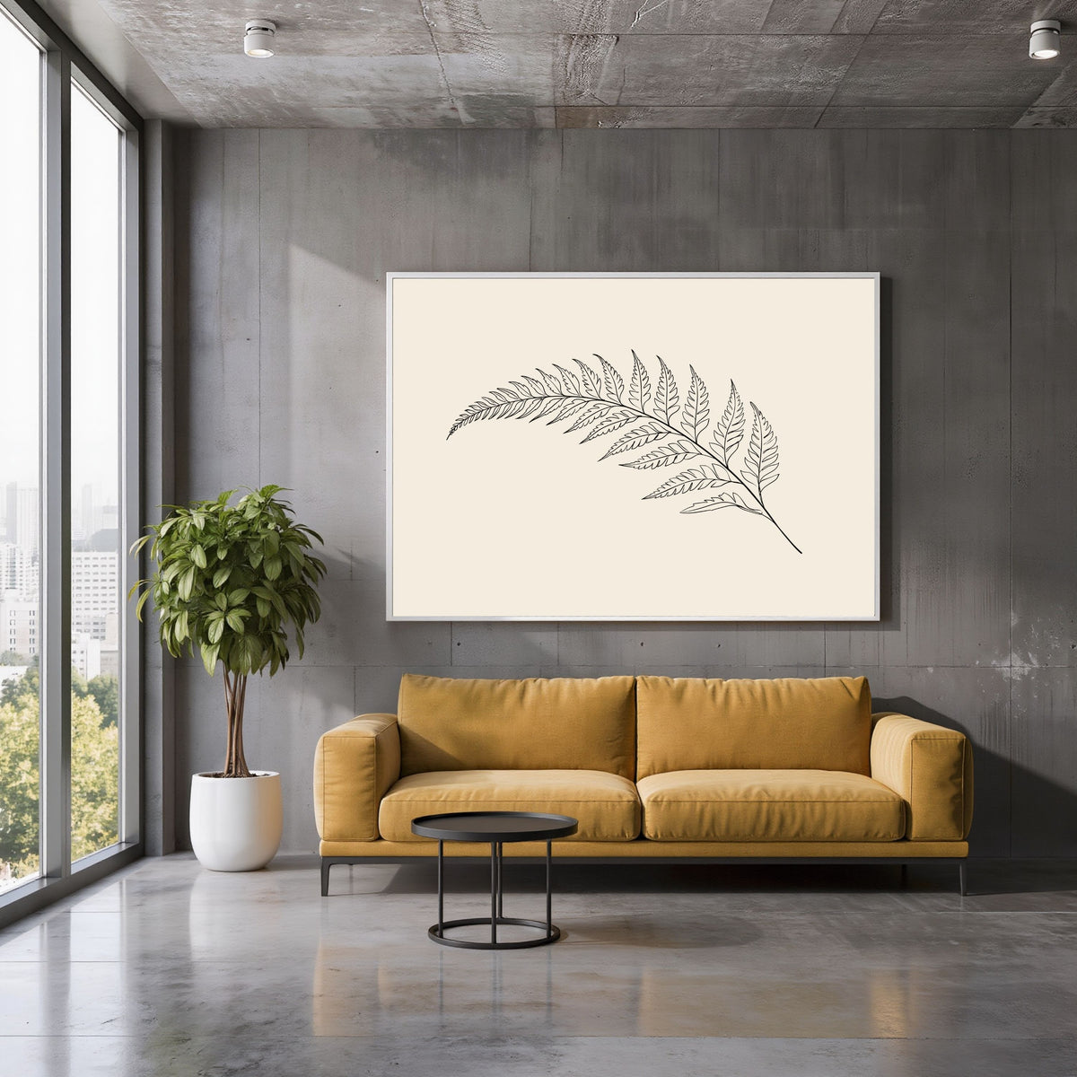 Fern frond line drawing on warm cream, print in a white frame on a concrete wall above a mustard sofa in a city loft