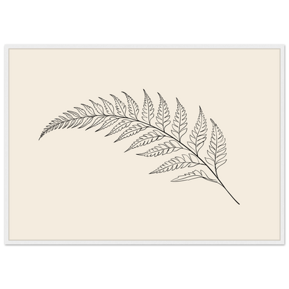 Fern frond line drawing on warm cream, print in a white frame