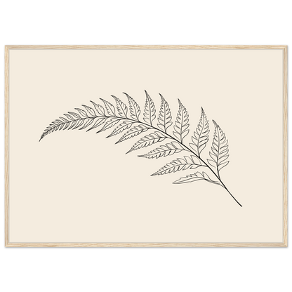 Fern frond line drawing on warm cream, print in a natural wood frame