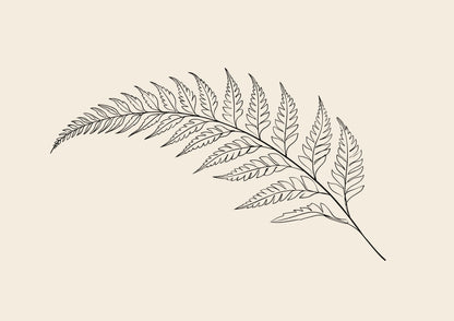A single fern frond drawn in fine black line work on warm cream, minimalist botanical line art