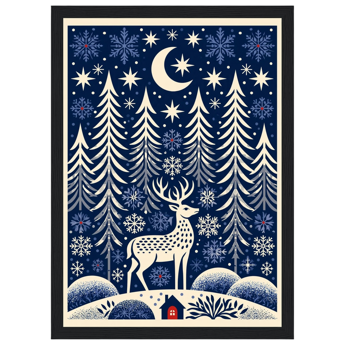 Folk-art winter glen, print in a black frame