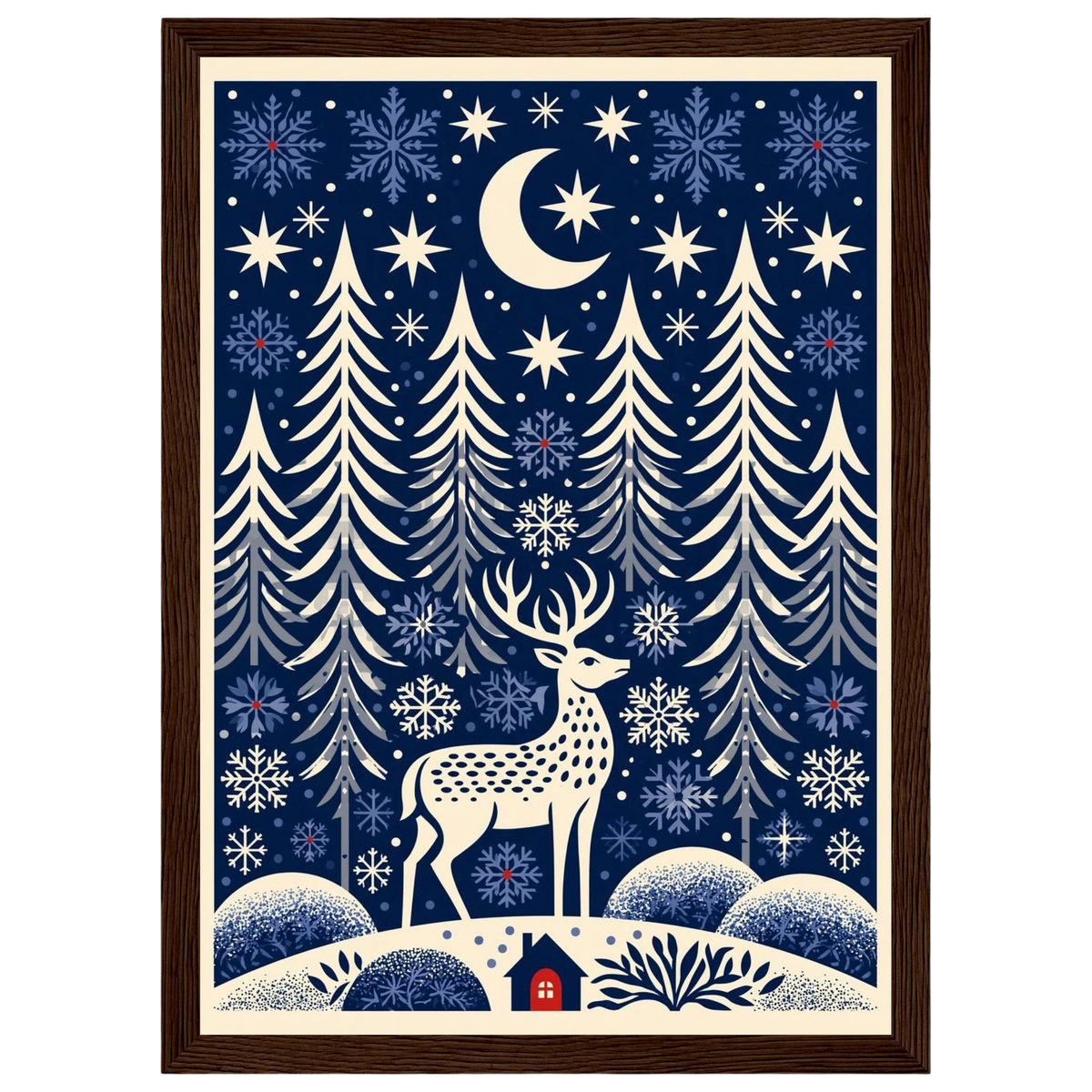Folk-art winter glen, print in a dark wood frame