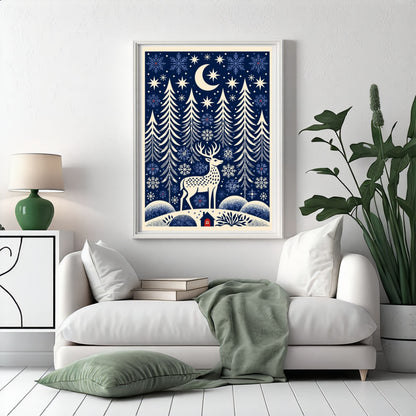 Folk-art winter glen, in a white frame above a white sofa with a sage green throw in a bright living room