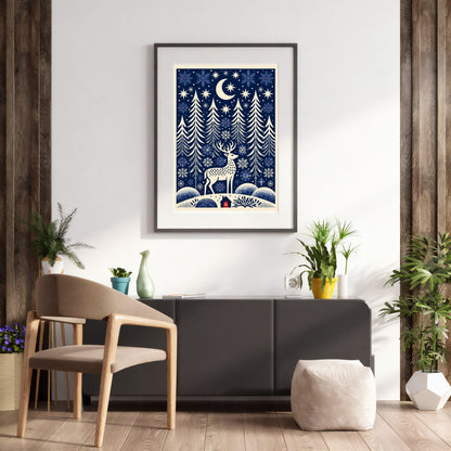 Folk-art winter glen, in a black frame above a dark wood sideboard against a rustic timber wall