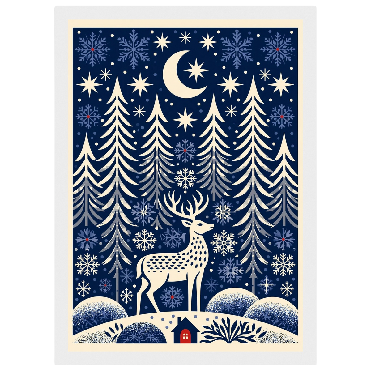 Folk-art winter glen, print in a white frame