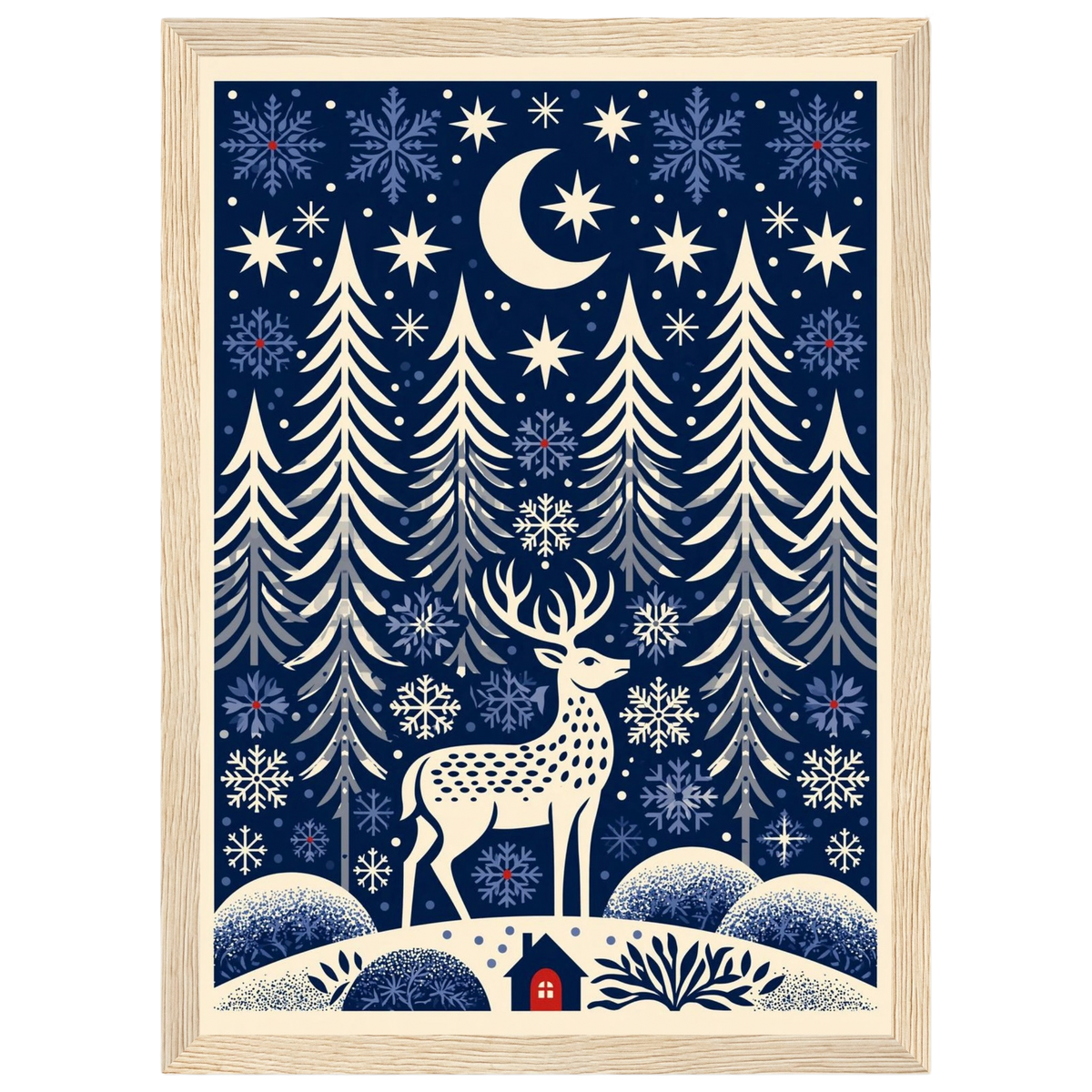 Folk-art winter glen, print in a natural wood frame