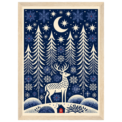 Folk-art winter glen, print in a natural wood frame