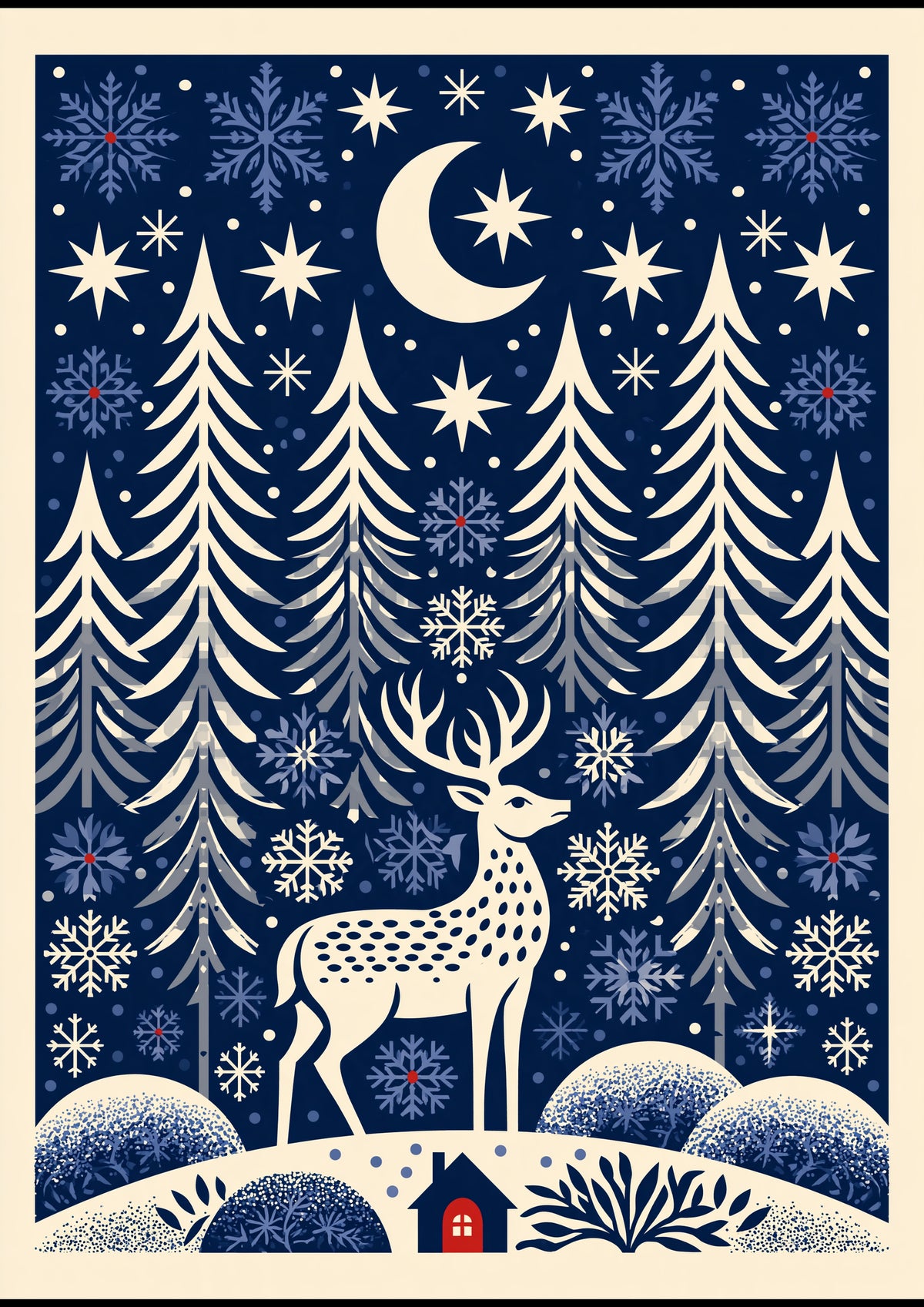 Folk-art winter glen, a stag among stylised pines and falling snowflakes in cream on midnight blue