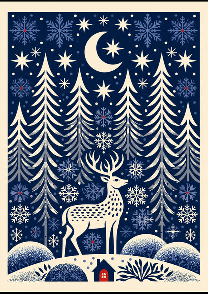 Folk-art winter glen, a stag among stylised pines and falling snowflakes in cream on midnight blue