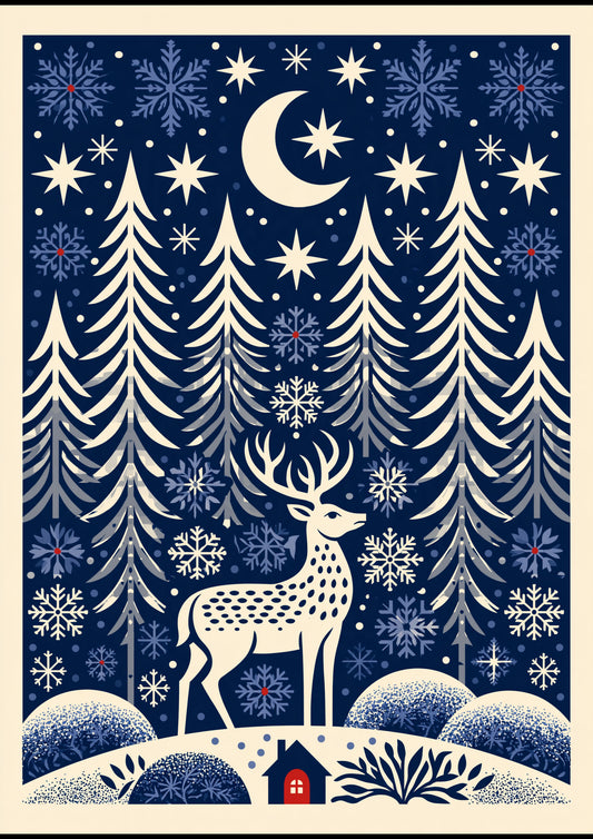 Folk-art winter glen, a stag among stylised pines and falling snowflakes in cream on midnight blue