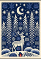 Folk-art winter glen, a stag among stylised pines and falling snowflakes in cream on midnight blue
