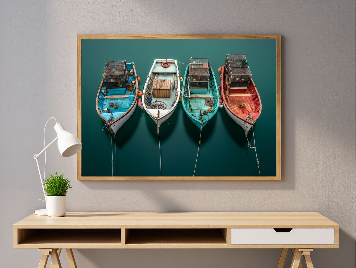 Four fishing boats moored on teal water, framed in light wood above a low wooden console in a minimalist room