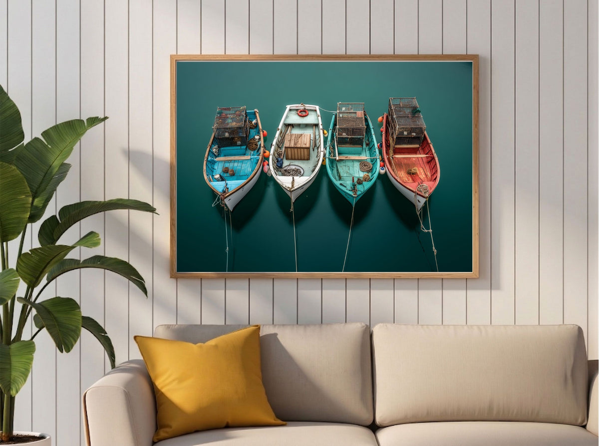 Four fishing boats moored on teal water, framed in light wood above a beige sofa with a mustard cushion