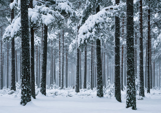 Fresh snow falling through a stand of tall pine trees in soft winter light