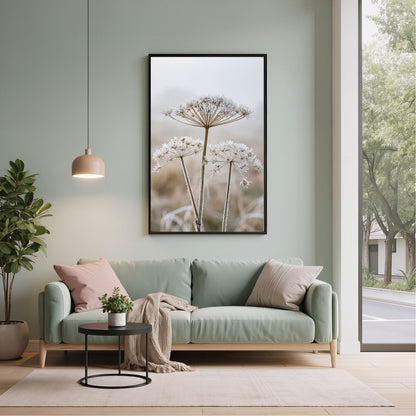Frosted seedhead print in a black frame above a mint green sofa in a sage living room