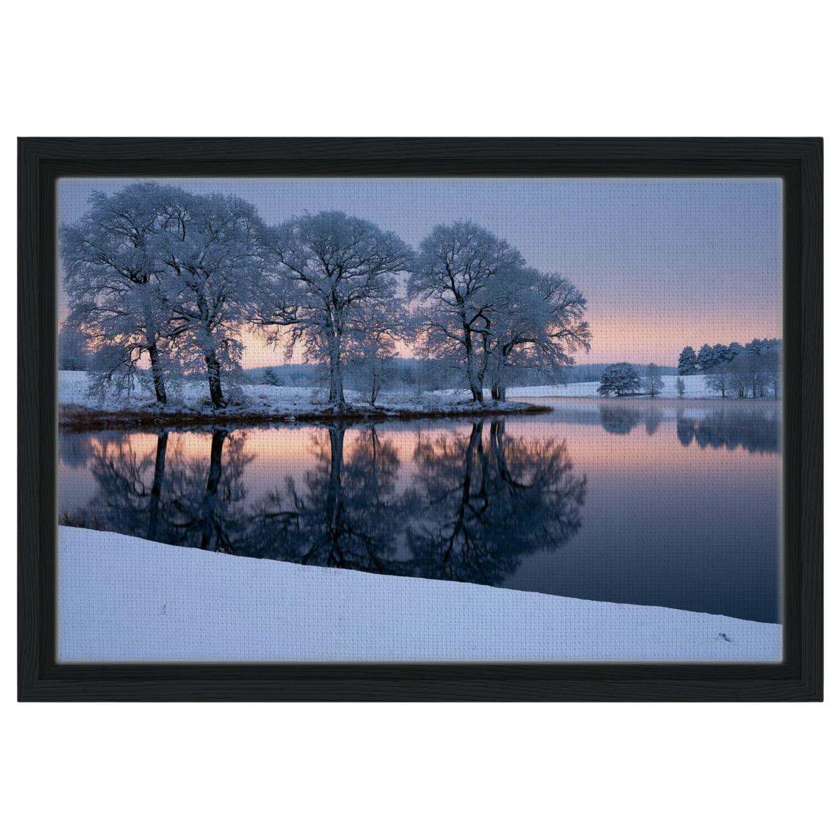 Frozen lake at first light, canvas in a black frame