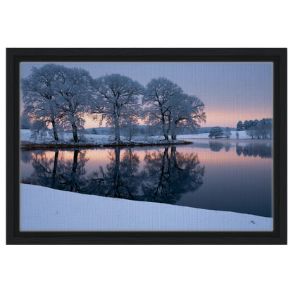 Frozen lake at first light, canvas in a black frame