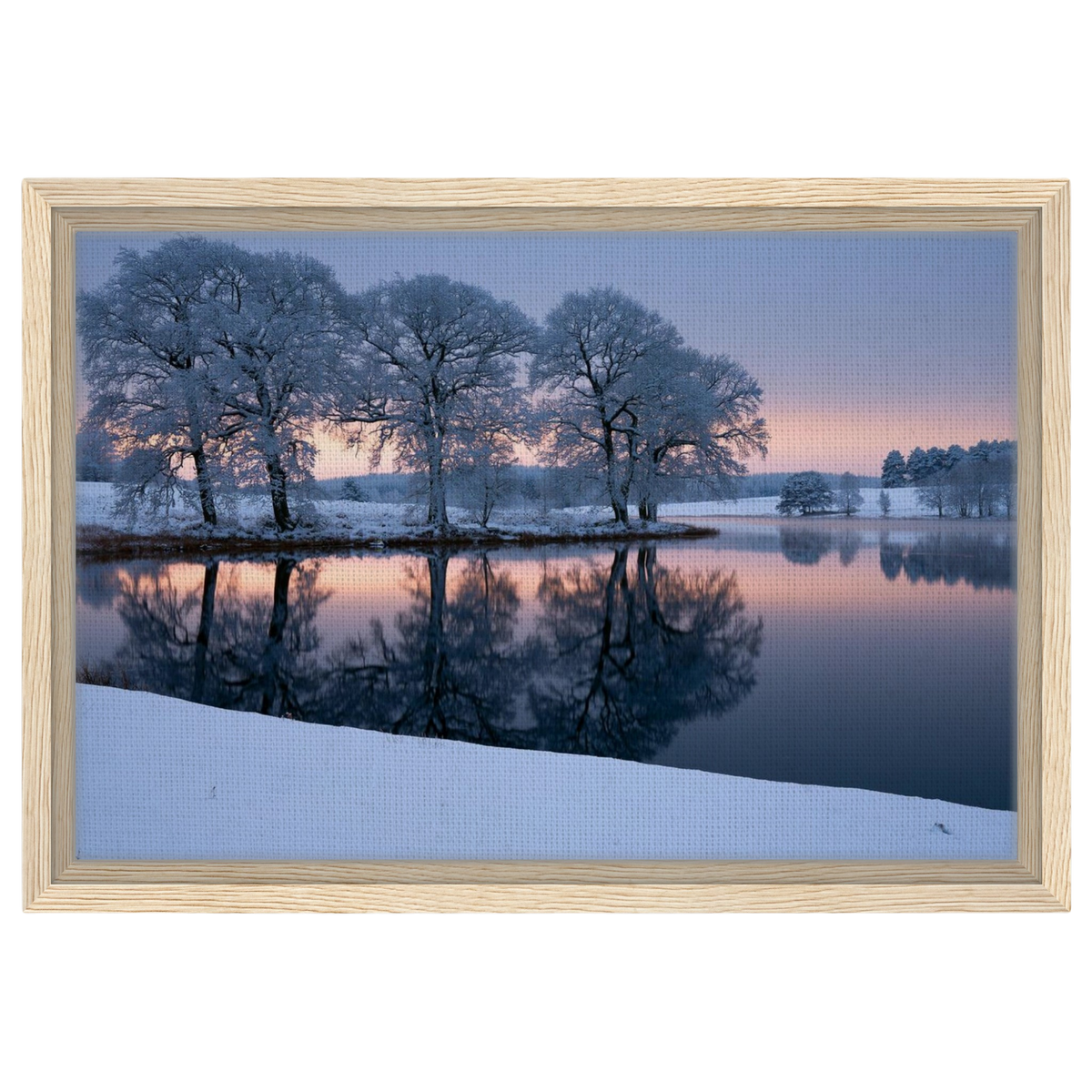 Frozen lake at first light, canvas in a natural wood frame