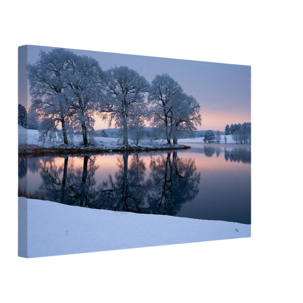 Frozen lake at first light, canvas seen from an angle with the image continuing around the wrapped edge